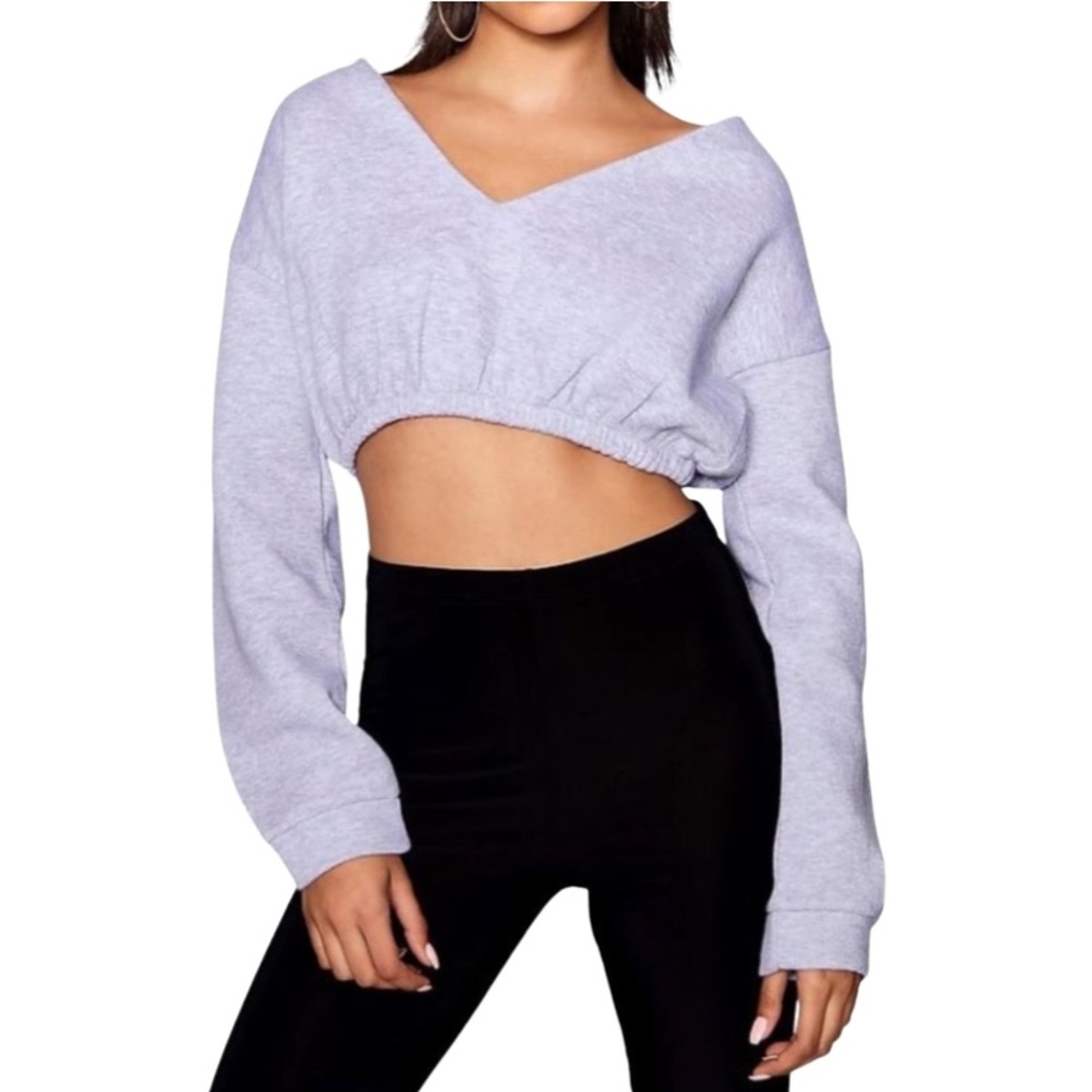 Grey Cropped V Neck Sweater